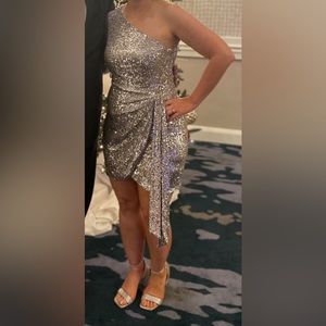 Gianni Bini Valerie Sequin One Shoulder Long Sleeve Tie Asymmetrical Mini Dress